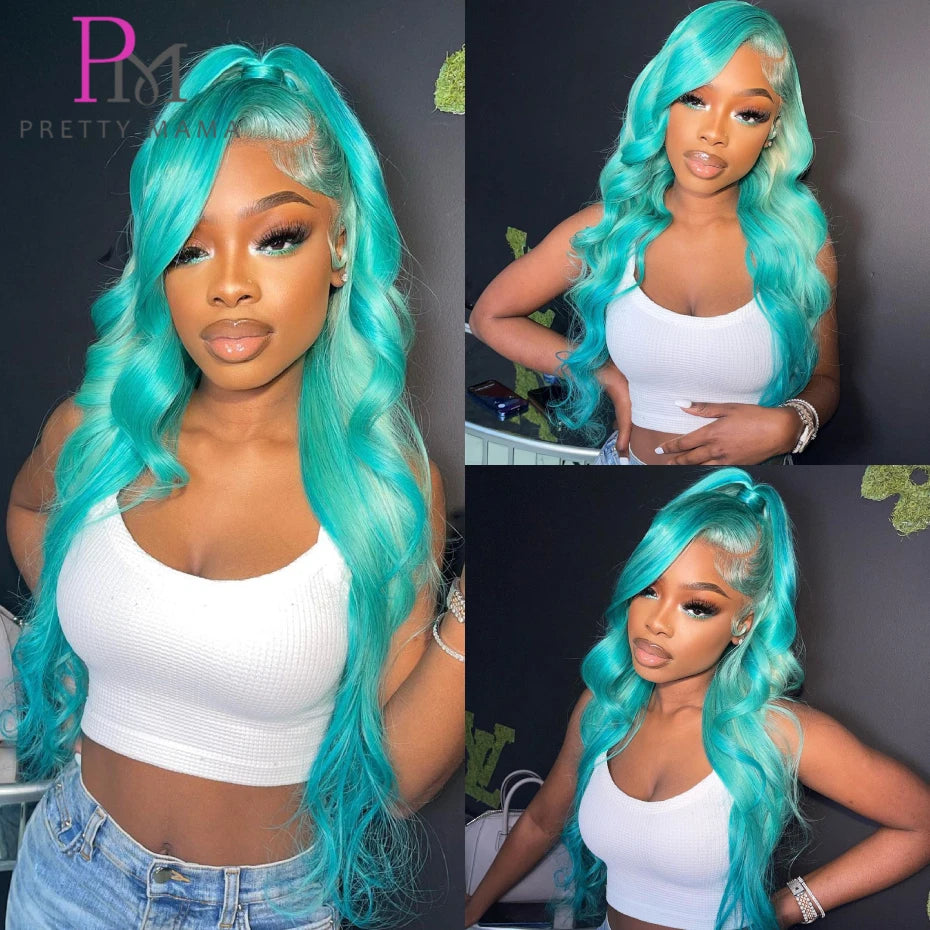 13x6 Colored Body Wave Lace Front Wig | Green, Grey & Blonde 613