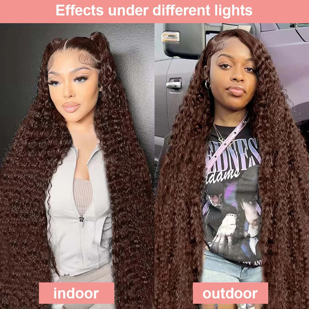 Deep Curly Chocolate Brown HD Lace Frontal Wig – 13x4 / 13x6 Virgin Brazilian Human Hair (30–36 Inch)