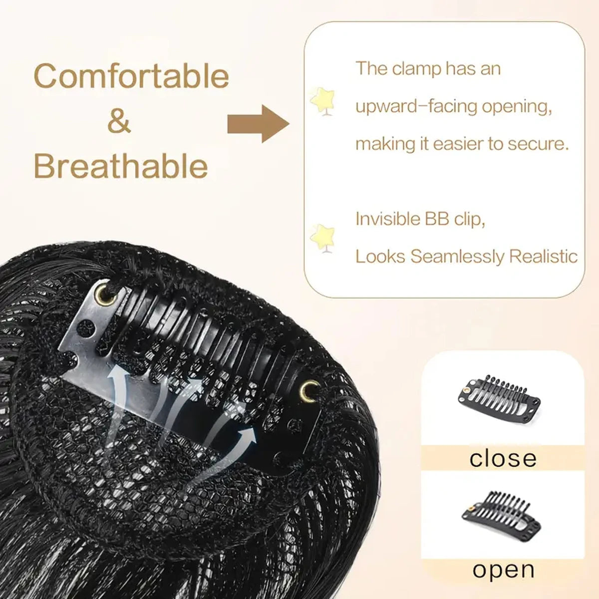 Slanted Air Bangs Clip-In Hairpiece | Synthetic Fringe Extension | 8 Inch | Light Airy | Black Brown