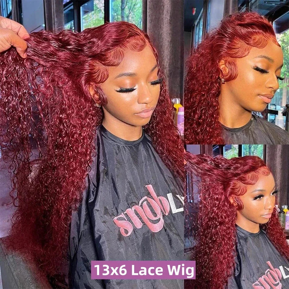 99J Burgundy Deep Wave Lace Frontal Human Hair Wig – 30 Inch HD Transparent Lace