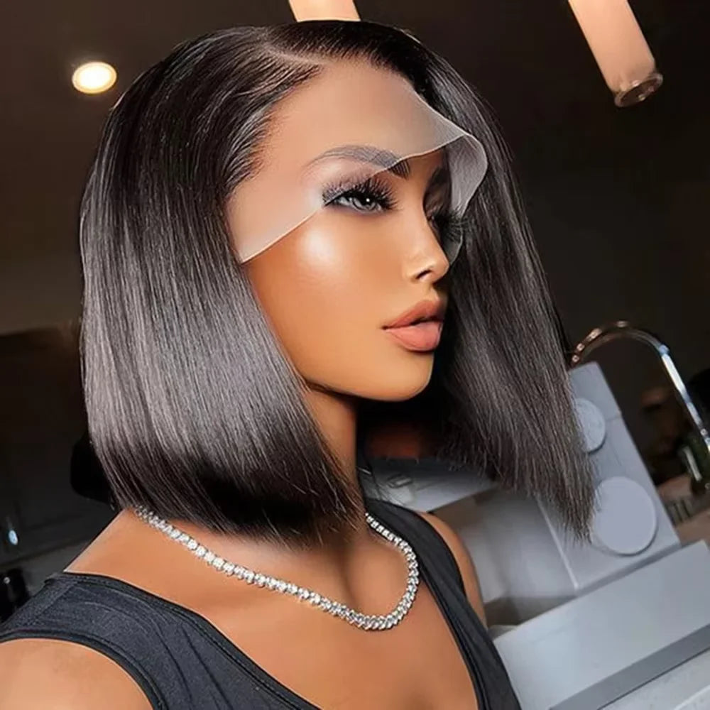 4x4 / 13x4 Lace Front Human Hair Bob Wig – Bone Straight Short Wig, Pre-Plucked Brazilian Lace Frontal 100% Human Hair
