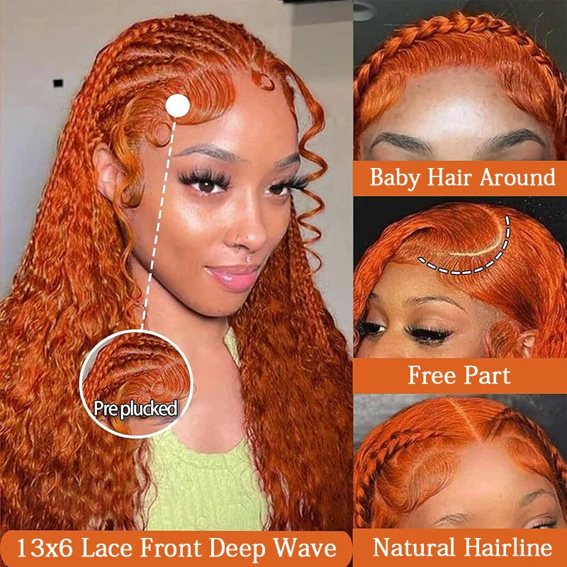 Orange Ginger 13x6 Lace Front Deep Wave Human Hair Wig (Pre-Plucked, 38")