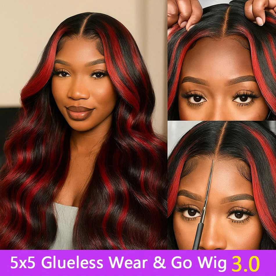 30" 1B/99J Burgundy Highlight Body Wave 5x5 Glueless Lace Front Wig – Brazilian Remy Human Hair