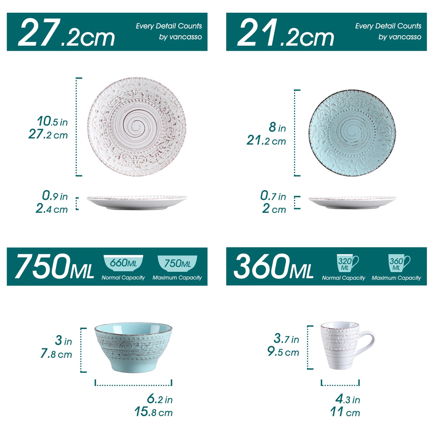 Vancasso VINE 16/32/48-Piece Ceramic Dinnerware Set | Rustic Stoneware Plates, Bowls & Mugs for 12-Person Dining