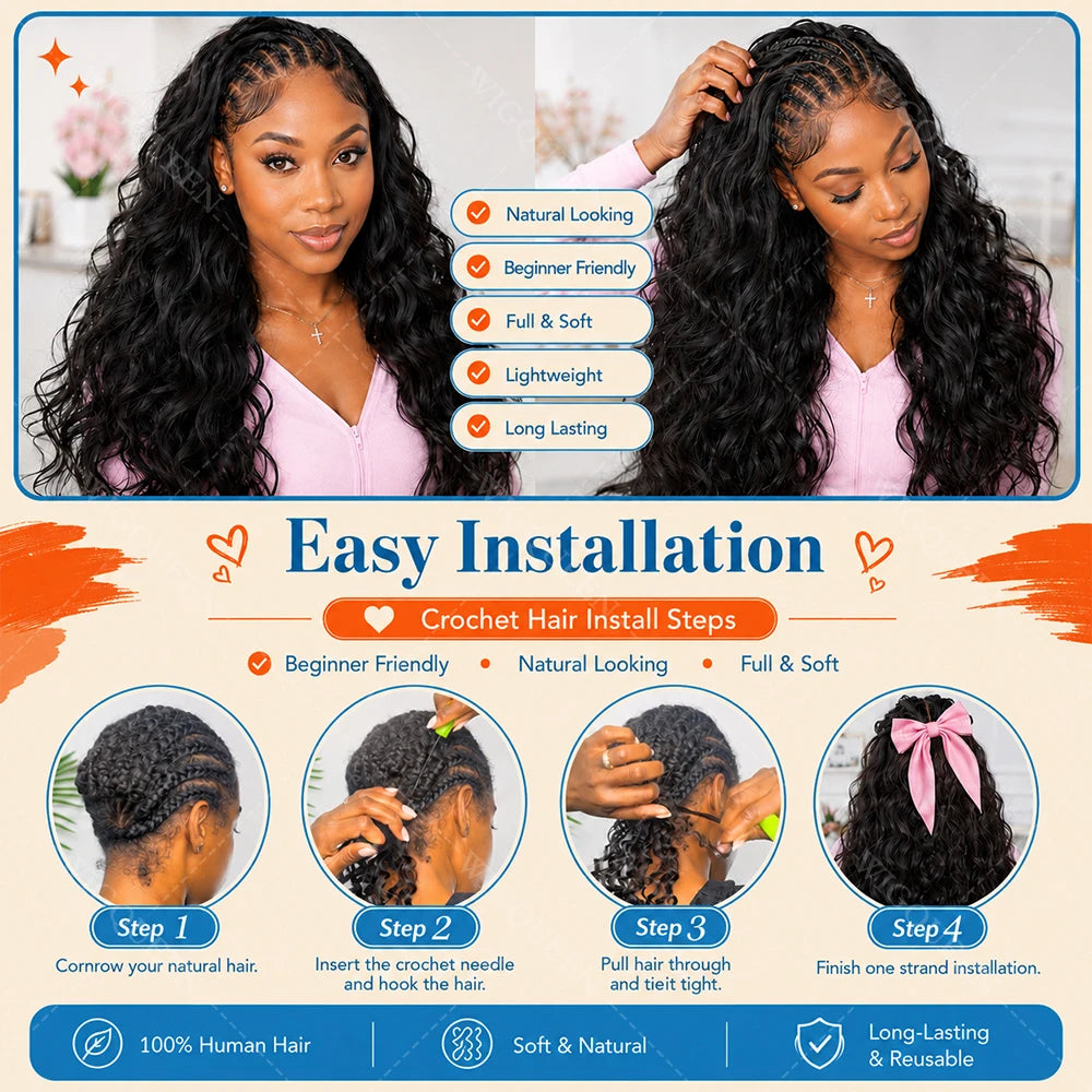 15A Body Wave Crochet Hair Extensions – Remy Human Hair Knotless Pre-Separated Miracle Knot Boho Braids