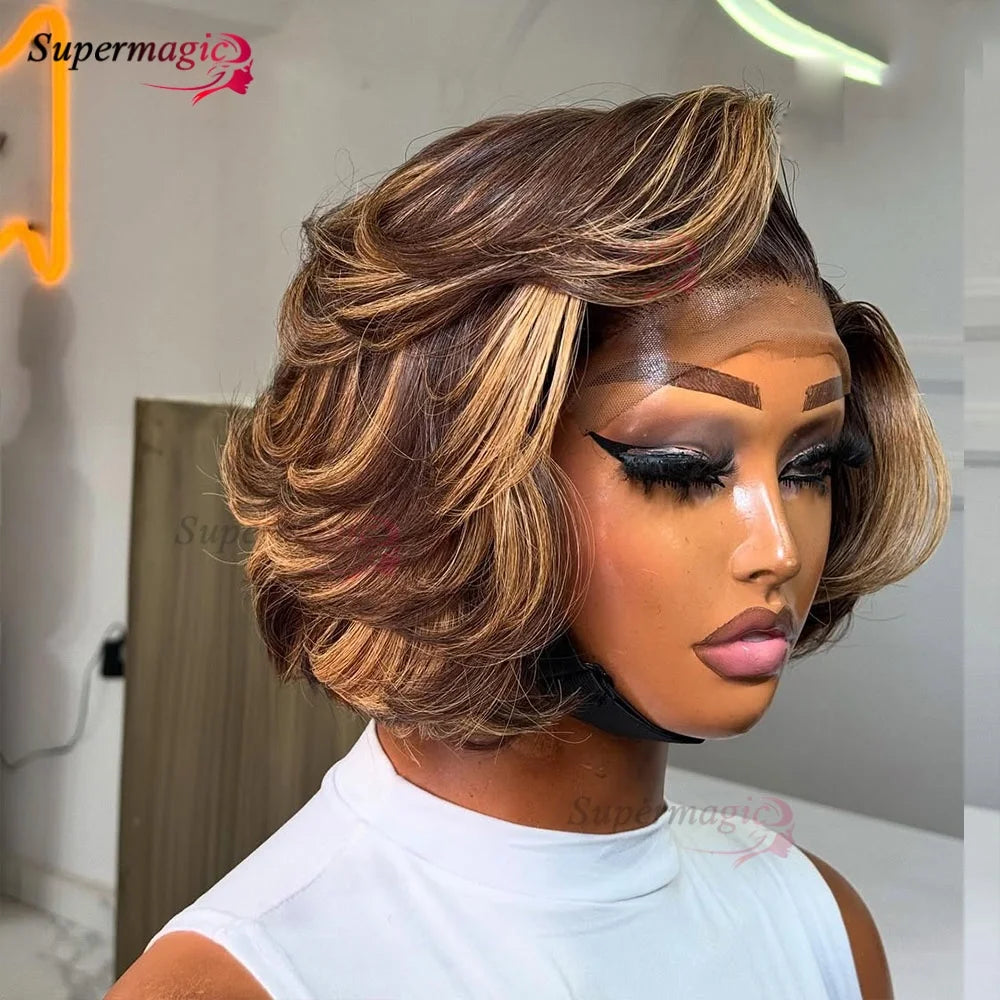 13x4 Frontal Wig – Trendy Layered Highlight Piano Color Human Hair Bob Wig for Women