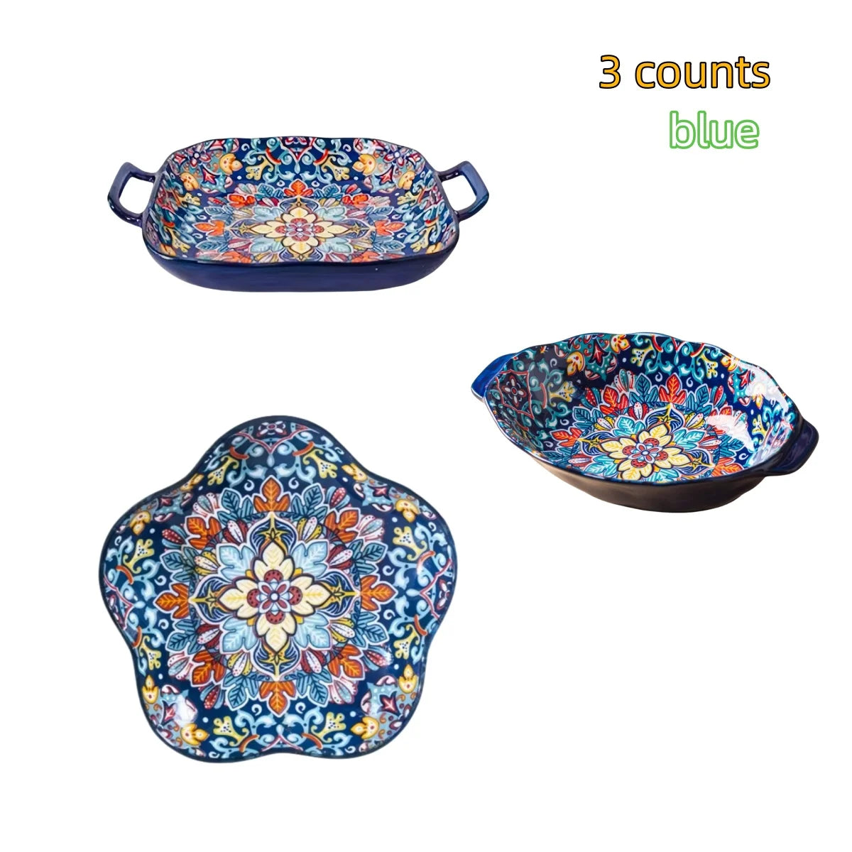Bohemian Ceramic Plate Set – Double-Eared Fish Plates & High-Value Salad Dish for Home Dining and Cooking