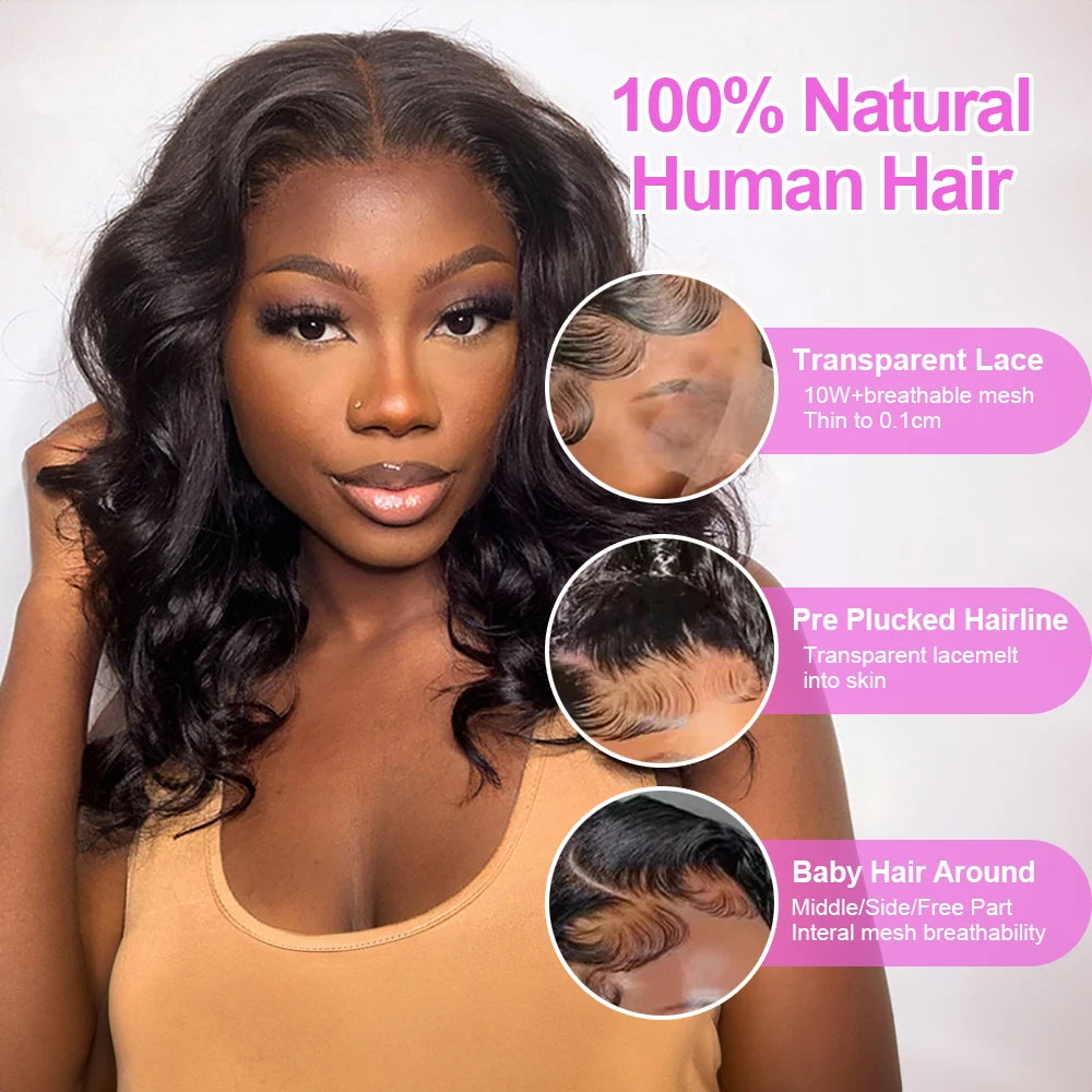 Glueless Body Wave Bob HD Lace Frontal Human Hair Wig (13x6, Transparent Lace, Brazilian Remy, Short 4–16")
