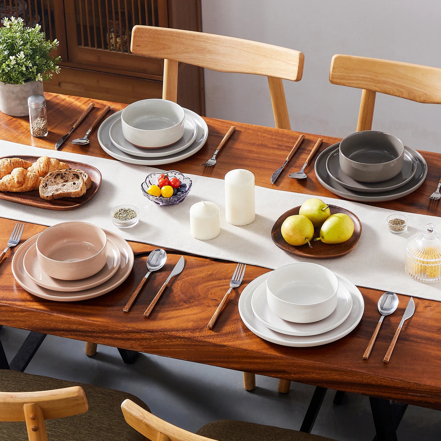 MALACASA TARA 12/24-Piece Stoneware Dinnerware Set – Curved Edge Sesame Glaze Plates & Bowls for 4/6 Person Dining
