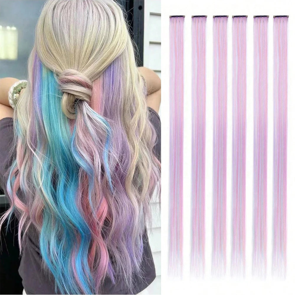 Colored Party Highlight Clip-In Hair Extensions | Synthetic Straight | 6pcs 70g | 22 Inch | Multi-Color