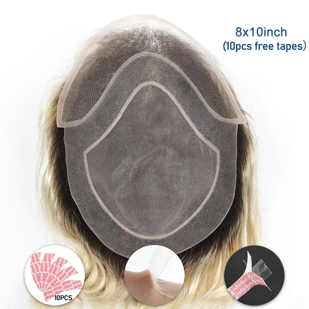 Men's Blonde Human Hair Toupee – Straight, Lace & PU Base, 8x10