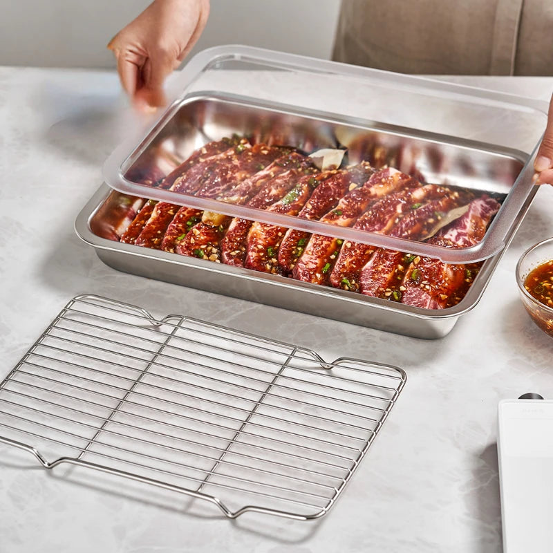3PCS Stainless Steel Square Plates with Lids – Food Grade Multi-Purpose Set for BBQ, Steaming & Cold Dishes