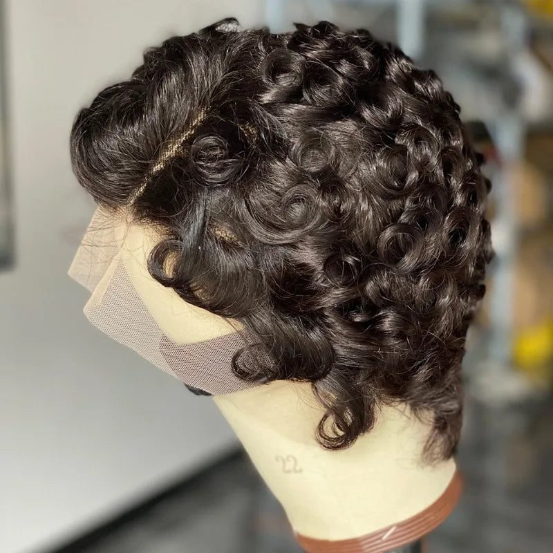 GloTress 13x4 Lace Frontal Pixie Cut Human Hair Wig (Wavy) – 180% Density, 4 Inch, Pre-Plucked Baby Hair