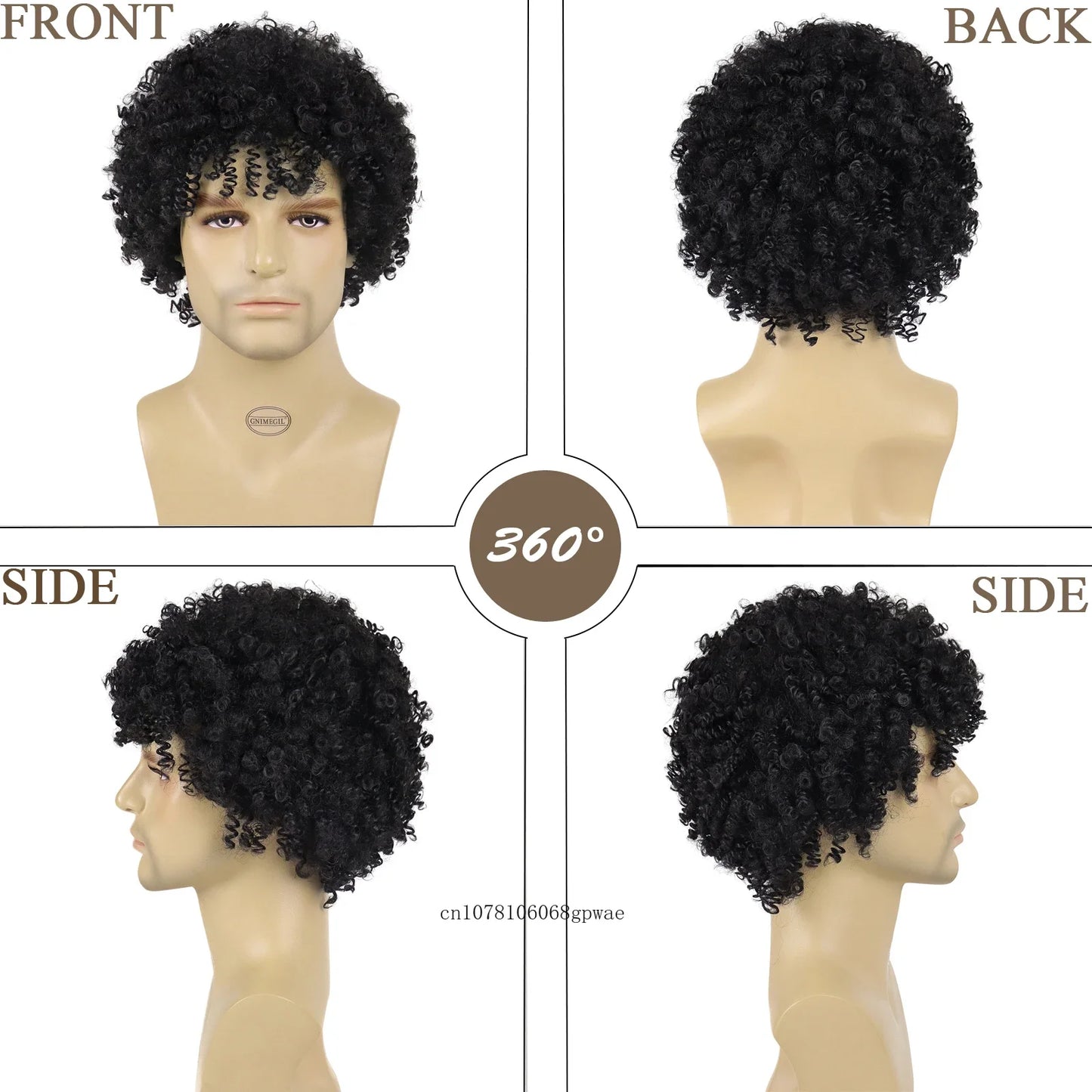 Natural Black Bouncy Curly Hair Synthetic Wigs for Men Short Afro Kinky Curly Wig with Bangs Male Wigs Cosplay Halloween Party