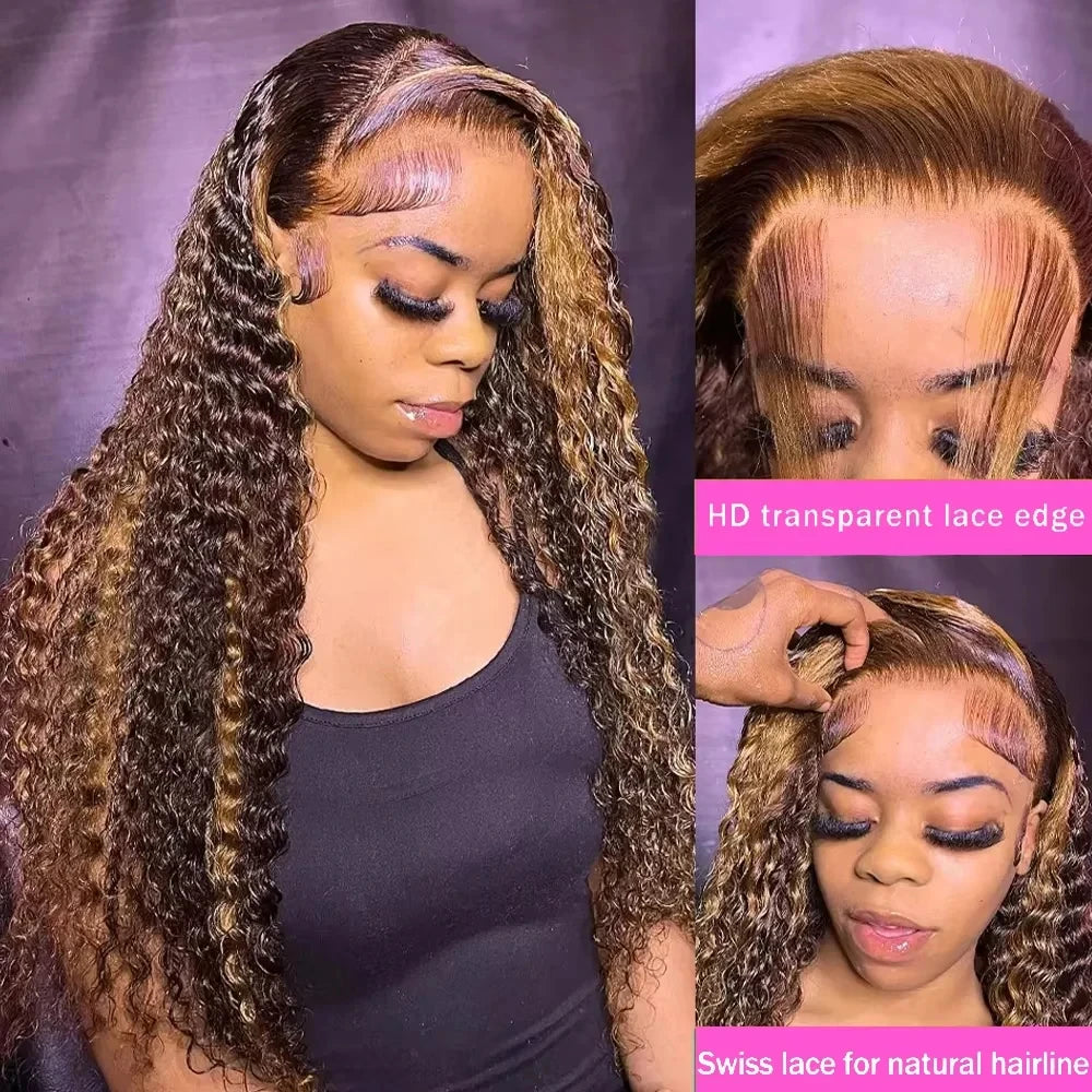 4/27 Honey Blonde Ombre Curly Human Hair Wig (38 Inch, 13x6 HD Lace Front / 13x4 Deep Wave)