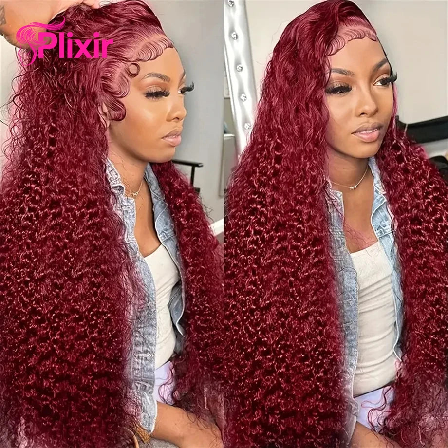99J Burgundy Deep Wave HD Lace Front Human Hair Wig (13x6 / 13x4, Brazilian Remy, 30”)