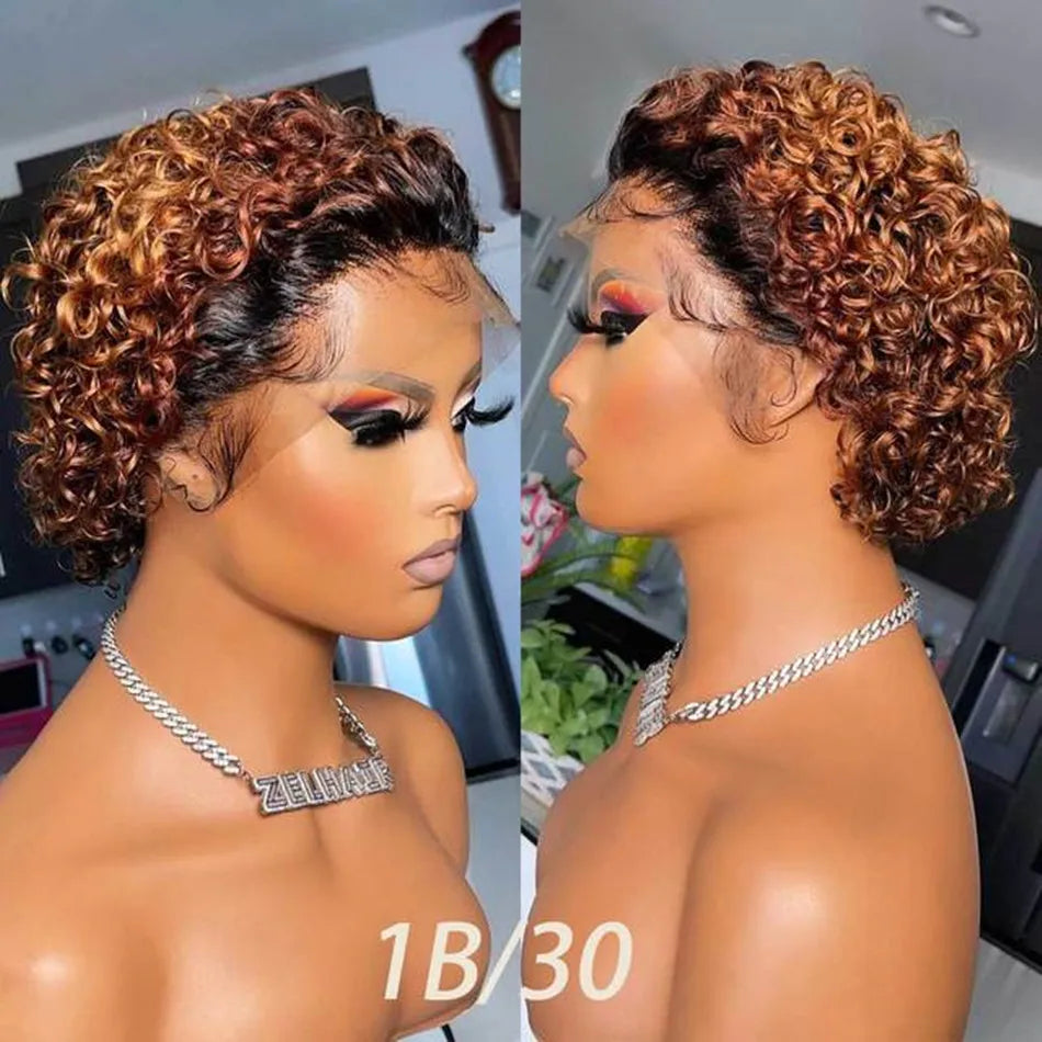 99J Burgundy Highlight Short Curly Pixie Cut Human Hair Lace Front Wig – Pre-Plucked 13×2 Bob Style