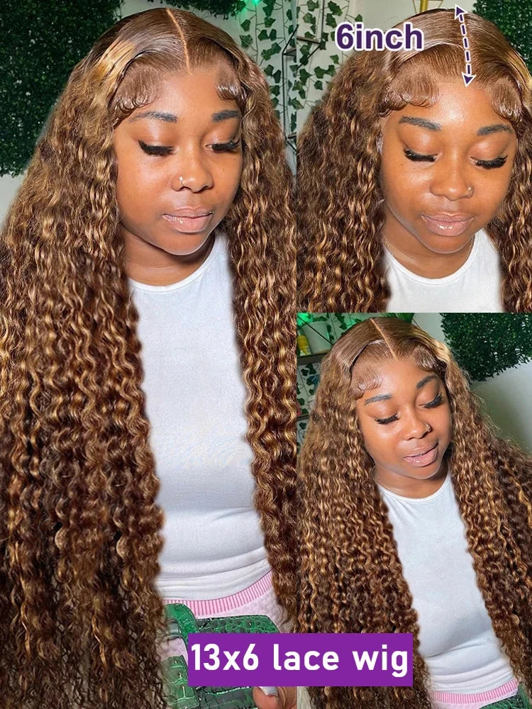 4/27 Honey Blonde Ombre Curly Human Hair Wig (38 Inch, 13x6 HD Lace Front / 13x4 Deep Wave)