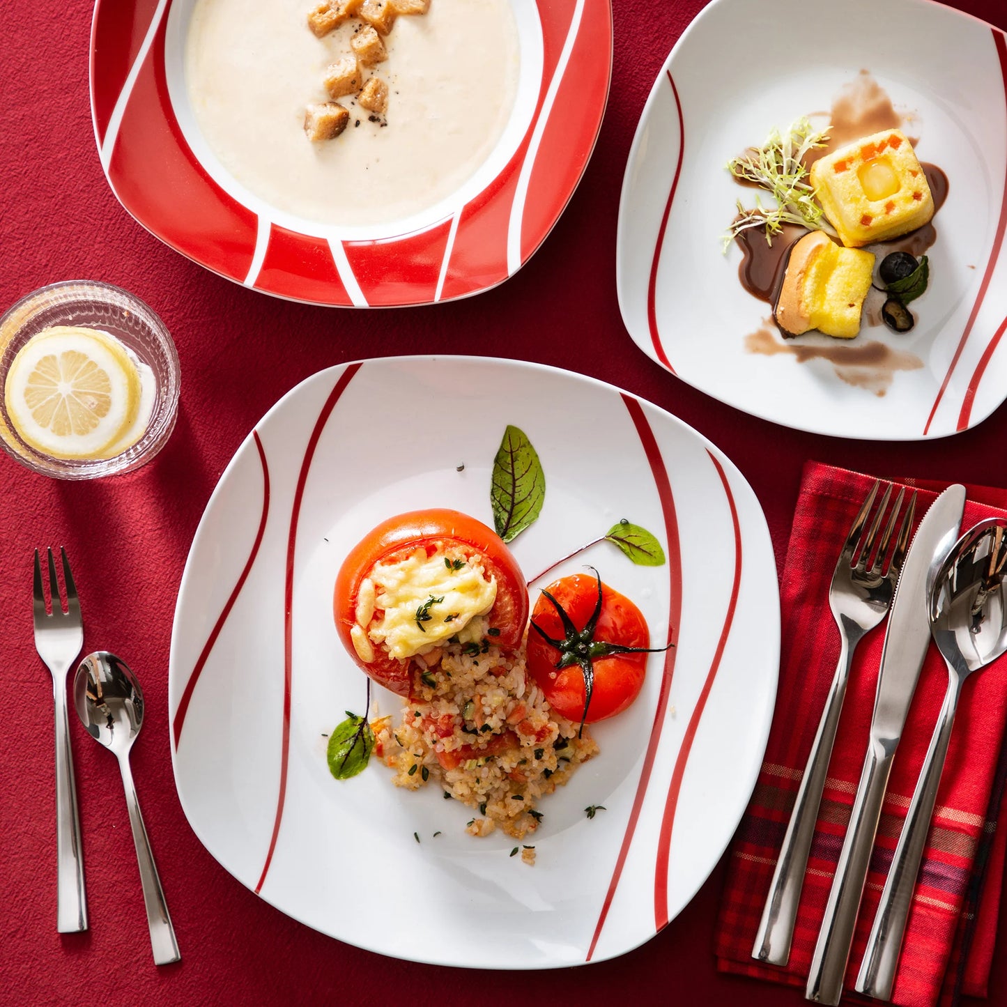 MALACASA Felisa 30-Piece Red Stripe Porcelain Dinner Set, Elegant Ivory Tableware for 6