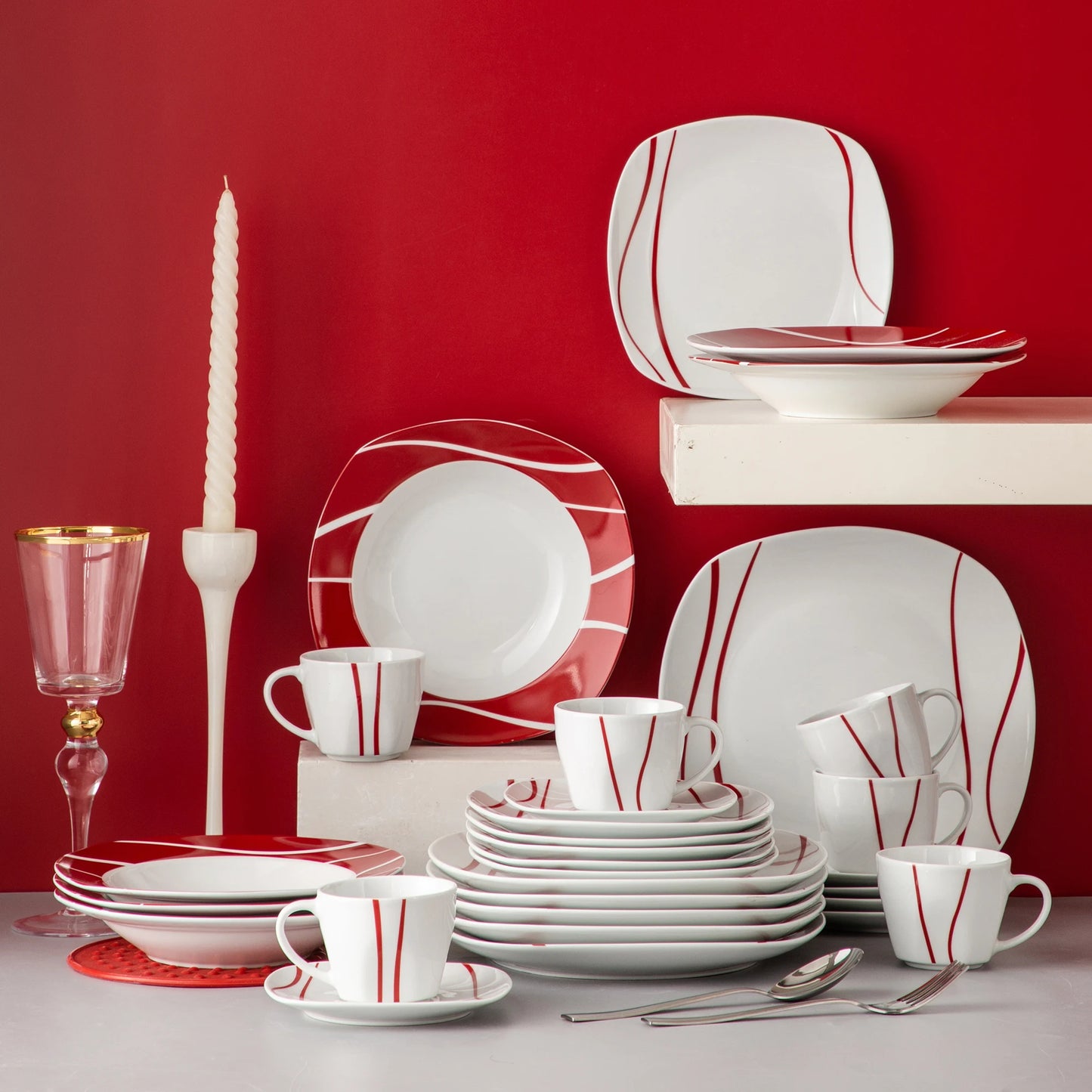MALACASA Felisa 30-Piece Red Stripe Porcelain Dinner Set, Elegant Ivory Tableware for 6