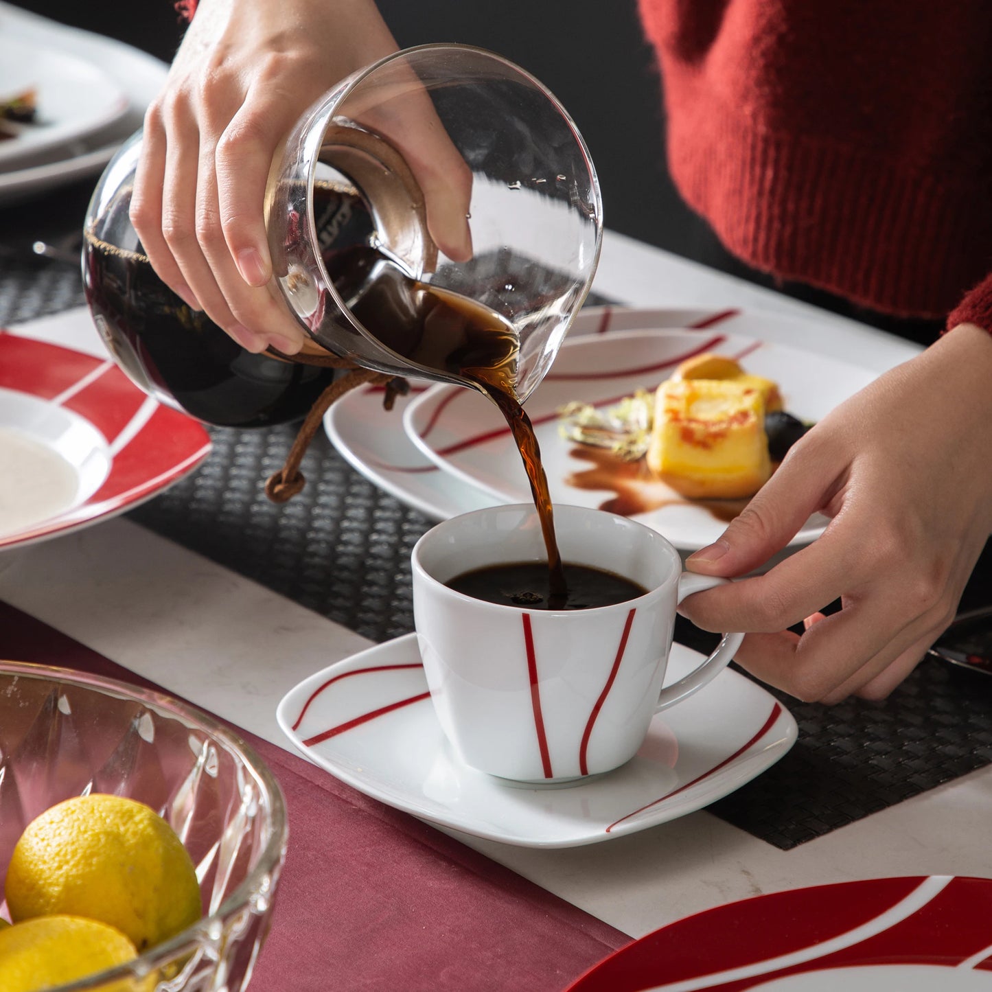 MALACASA Felisa 30-Piece Red Stripe Porcelain Dinner Set, Elegant Ivory Tableware for 6