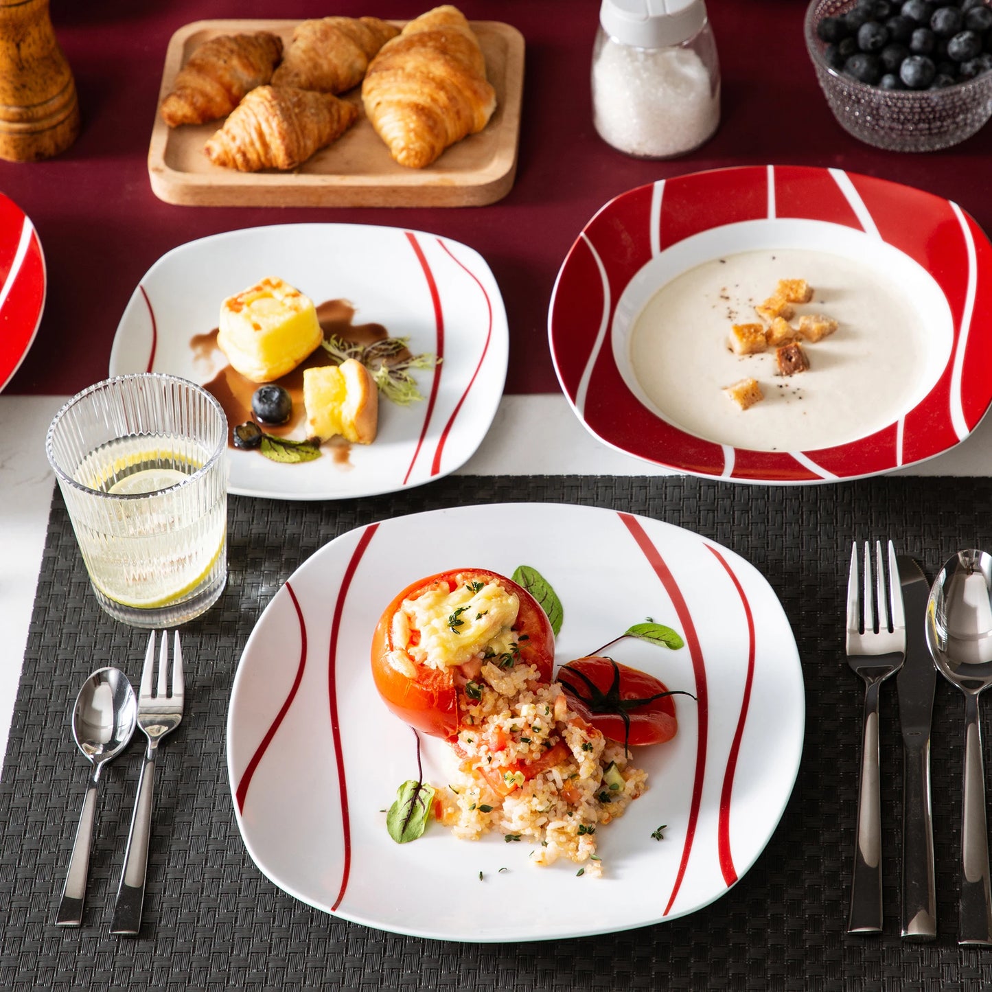 MALACASA Felisa 30-Piece Red Stripe Porcelain Dinner Set, Elegant Ivory Tableware for 6