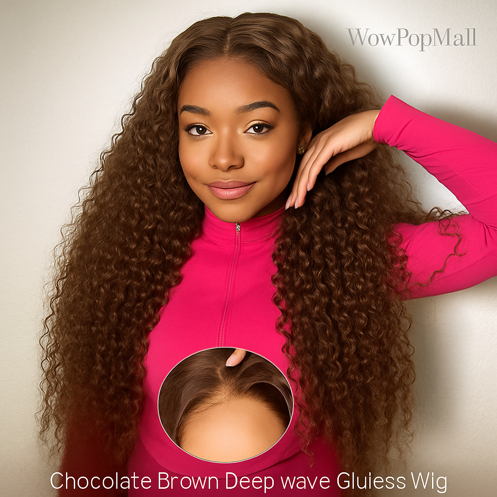 Chocolate Brown Deep Wave 5x5 Glueless Human Hair Wig | Ready to Wear | WowPopMall Hair