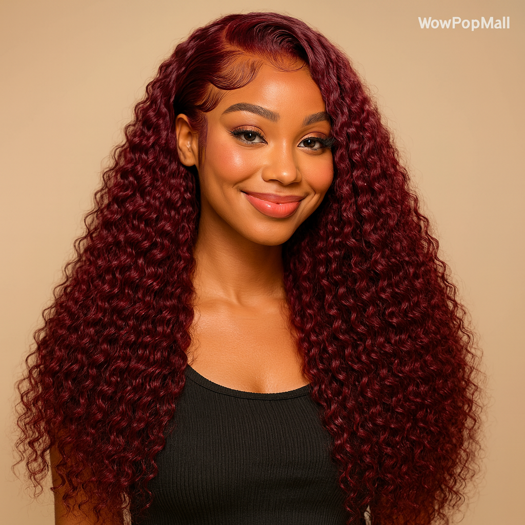 99J Burgundy Deep Wave Lace Frontal Human Hair Wig – 30 Inch HD Transparent Lace