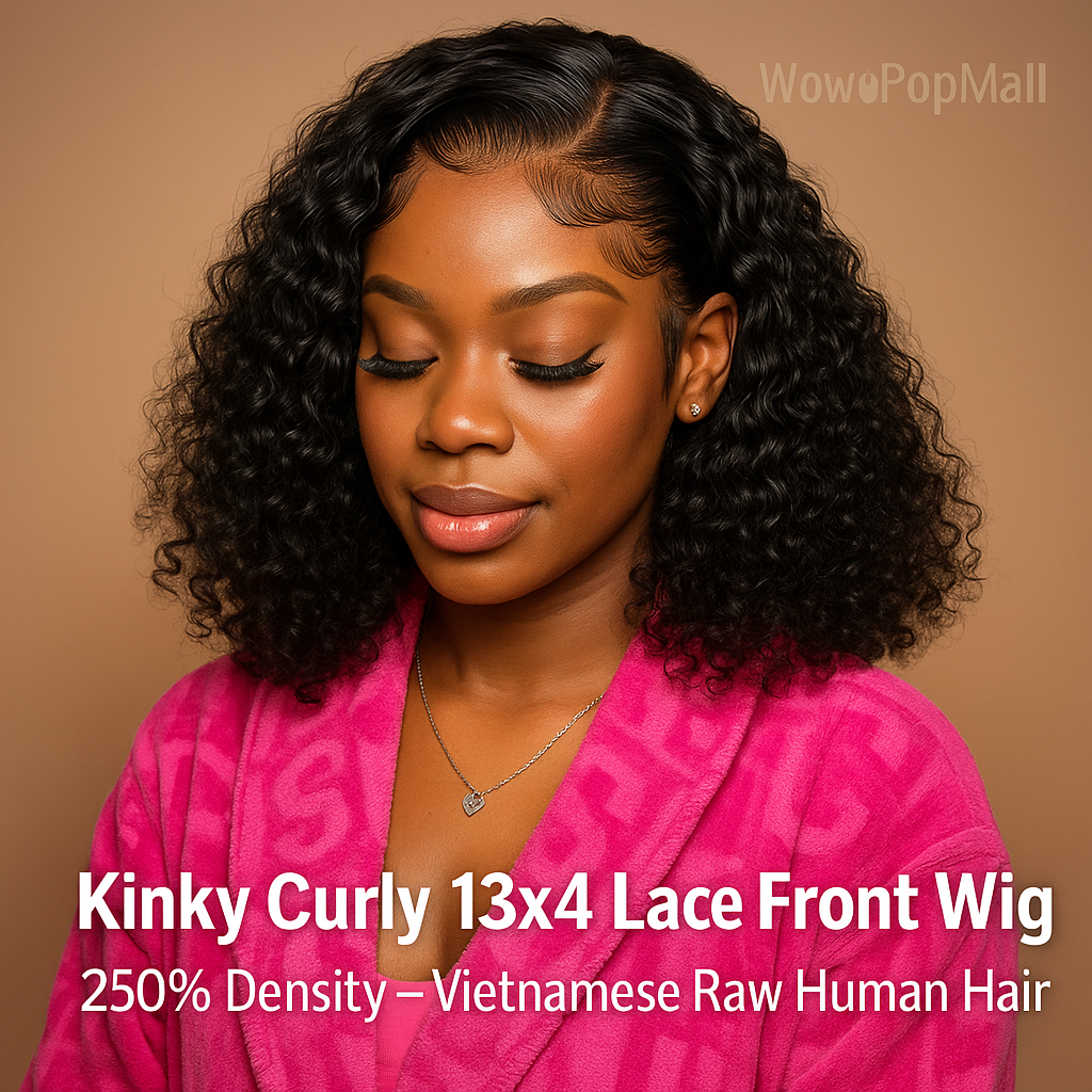 Kinky Curly 13x4 Lace Front Wig 250% Density – Vietnamese Raw Human Hair, Natural Wet & Wavy Look