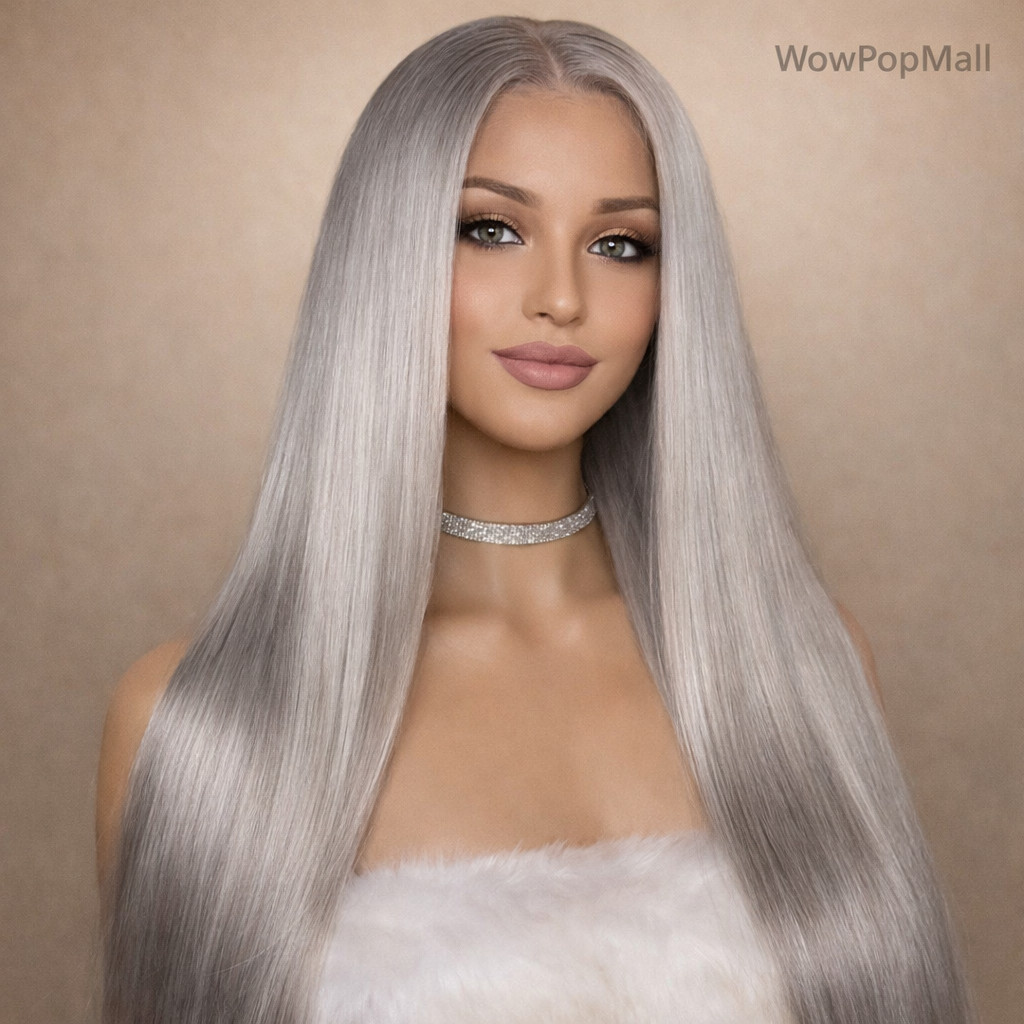 40” Silver Grey Straight HD Lace Front Human Hair Wig (13x6 / 13x4, Brazilian Remy, Pre-Plucked)