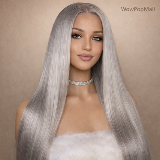 40” Silver Grey Straight HD Lace Front Human Hair Wig (13x6 / 13x4, Brazilian Remy, Pre-Plucked)