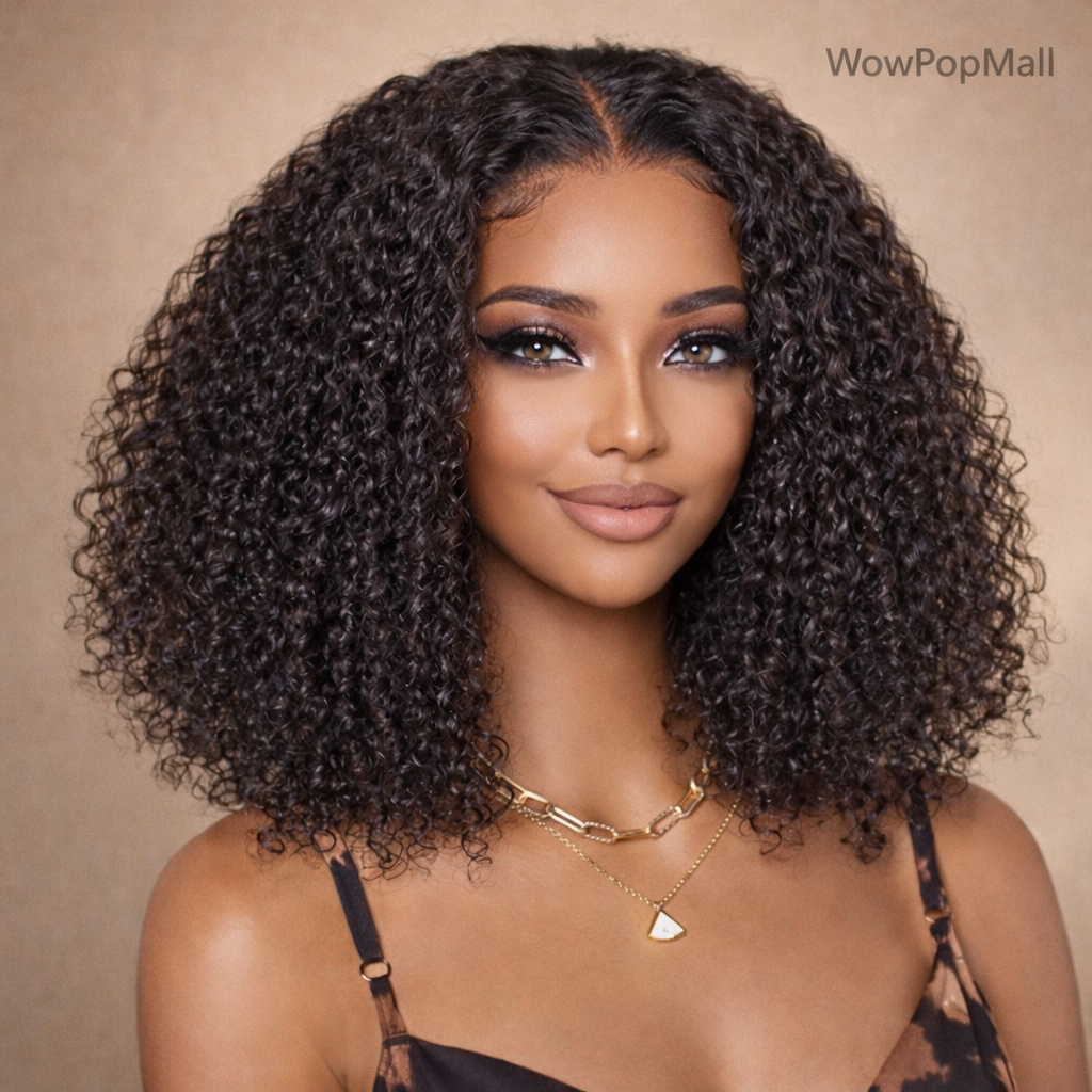 16” Deep Wave Short Bob HD Lace Front Human Hair Wig 200% Density (13x4, Deep Curly)