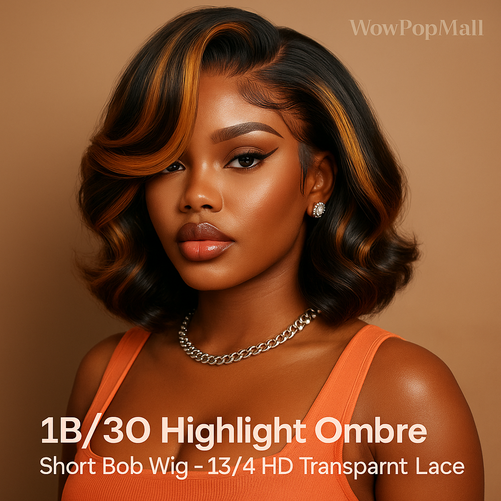 1B/30 Highlight Ombre Short Bob Wig – 13x4 HD Transparent Lace Frontal, Human Hair, Body Wave, 16 Inch