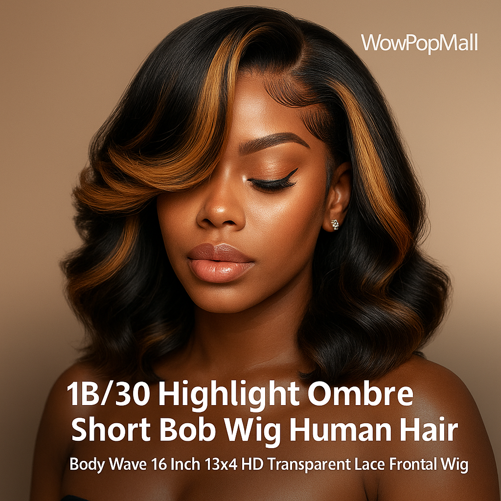 1B/30 Highlight Ombre Short Bob Wig – 13x4 HD Transparent Lace Frontal, Human Hair, Body Wave, 16 Inch