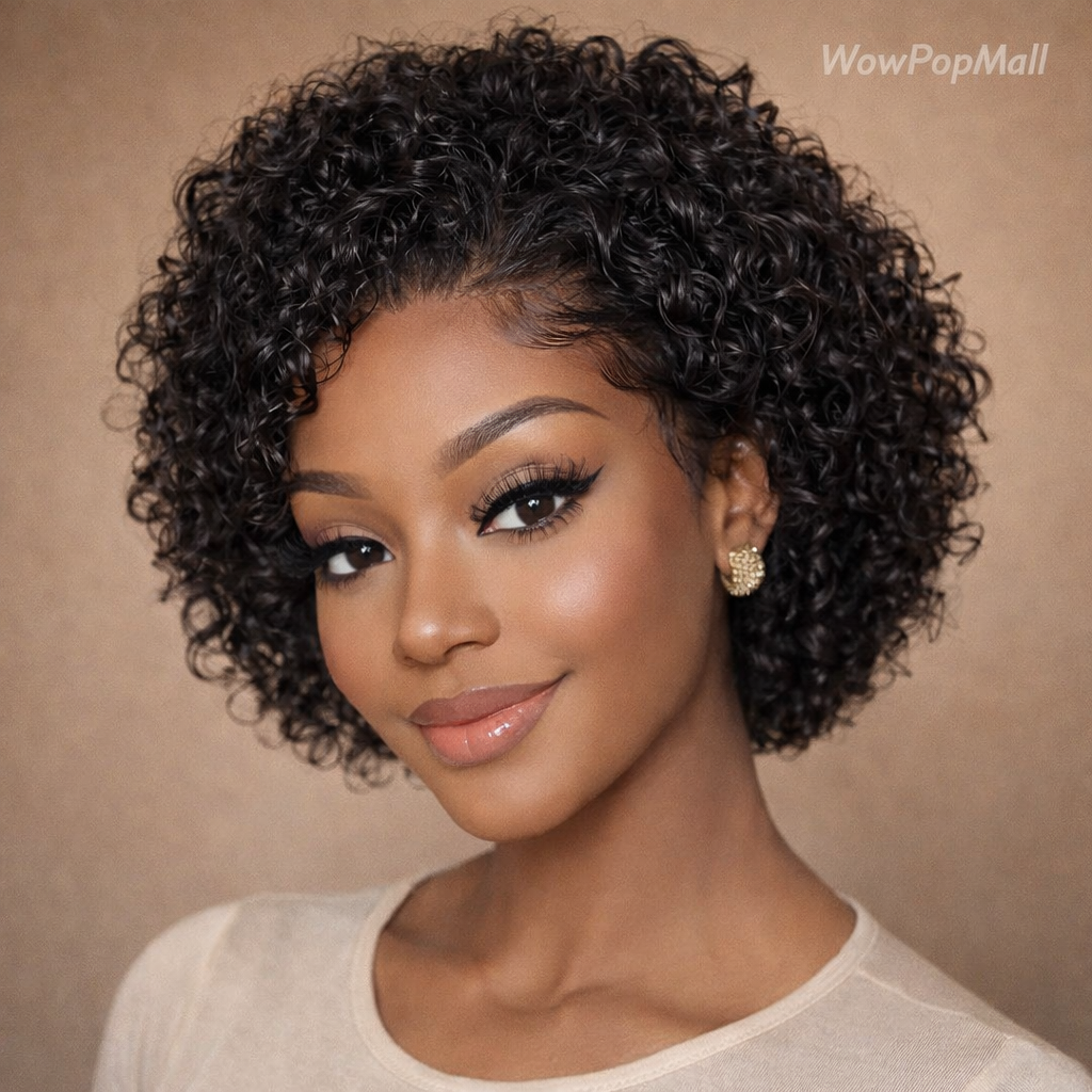 Pixie Cut Short Curly Brazilian Human Hair Wig 13x1 Transparent Lace Front (Water Wave)