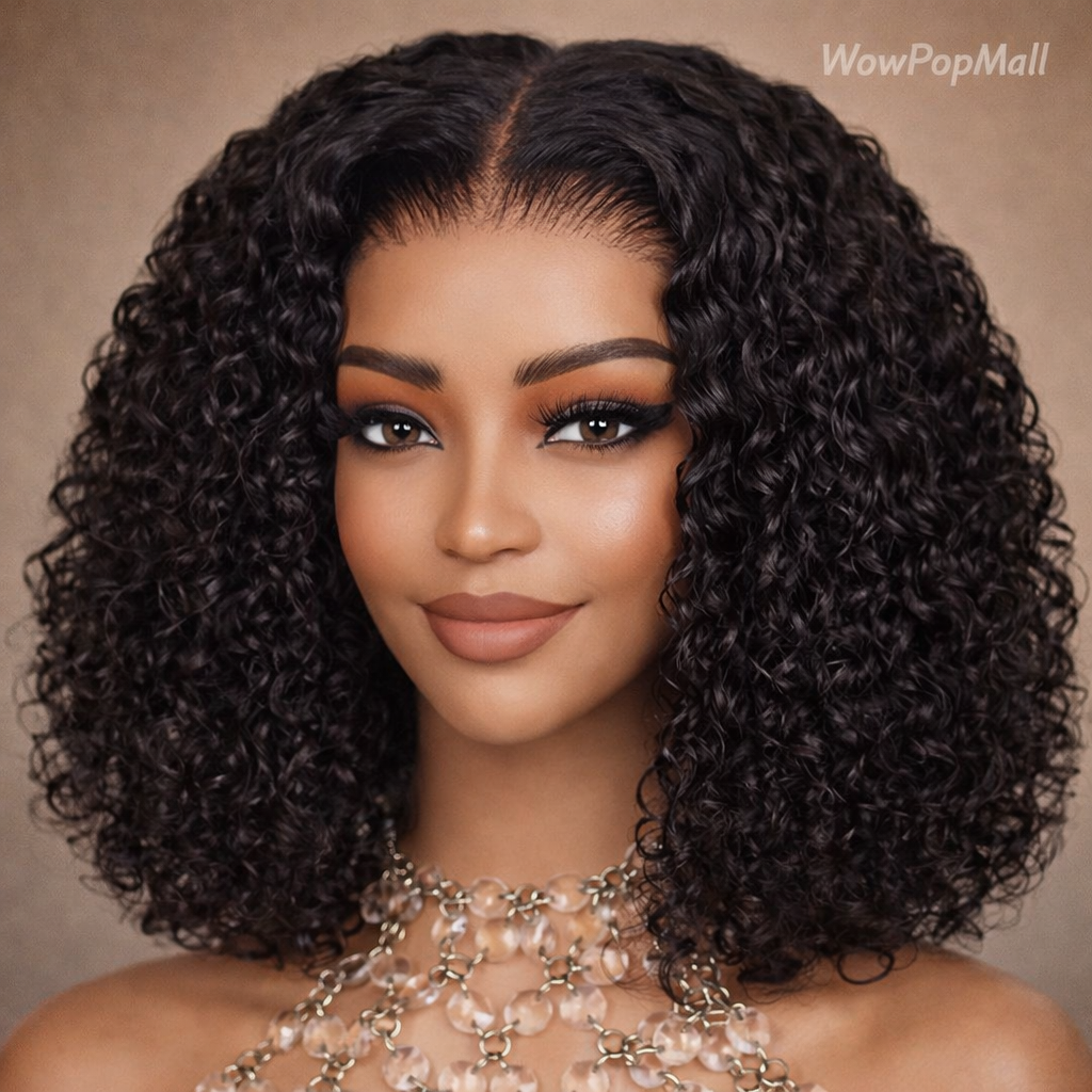 Deep Wave Bob Human Hair Wig 13x4 Invisible Transparent Lace Front (200% Density, #1B Natural Black)