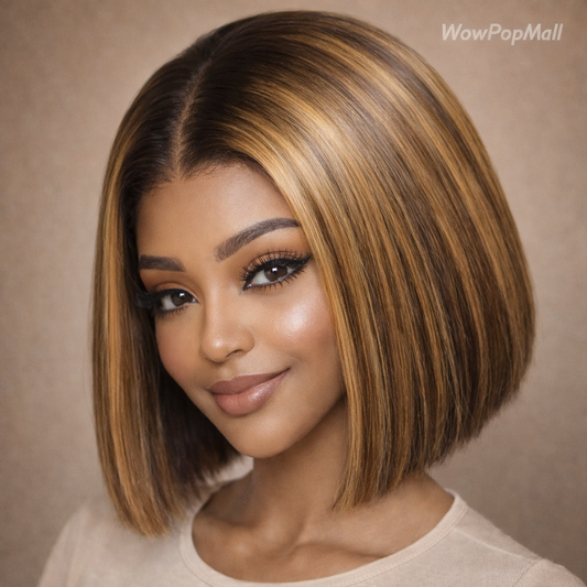 4/27 Ombre Highlight Straight Bob Human Hair Wig 13x4 Transparent Lace Front (Remy, Pre-Plucked)
