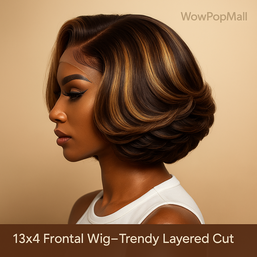 13x4 Frontal Wig – Trendy Layered Highlight Piano Color Human Hair Bob Wig for Women