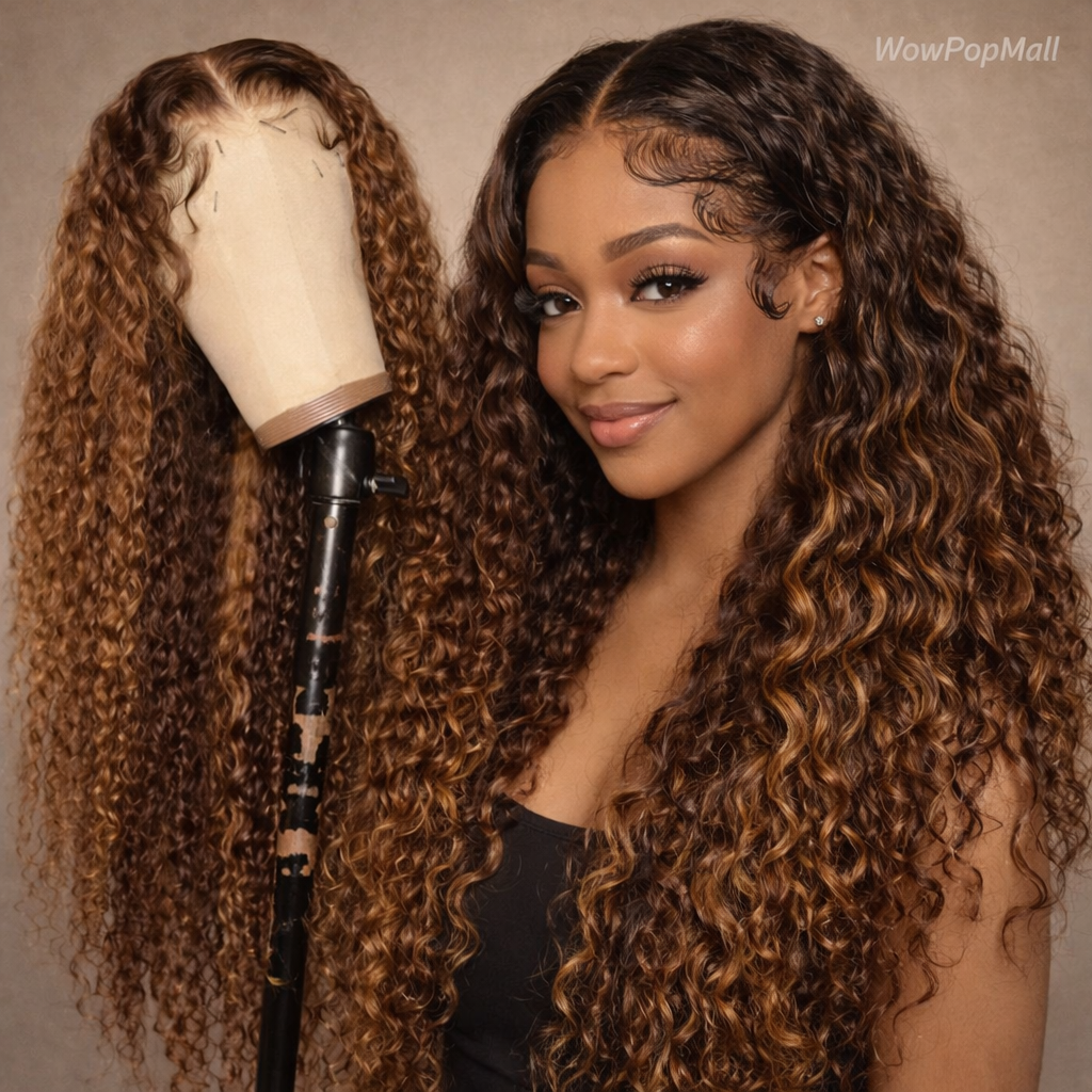 4/27 Honey Blonde Ombre Curly Human Hair Wig (38 Inch, 13x6 HD Lace Front / 13x4 Deep Wave)