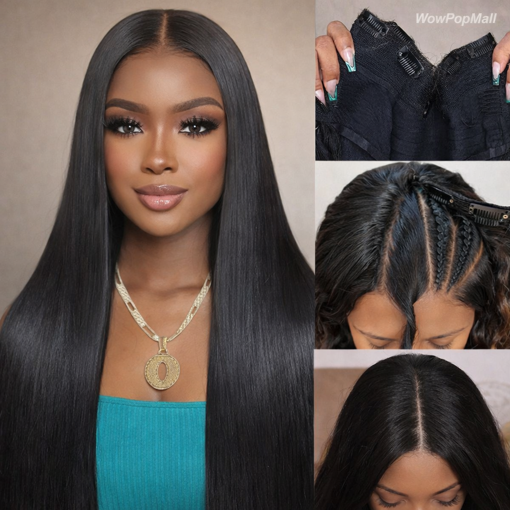 Glueless V Part Straight Human Hair Wig (220% Density, Natural Black, Beginner Friendly, No Leave Out)