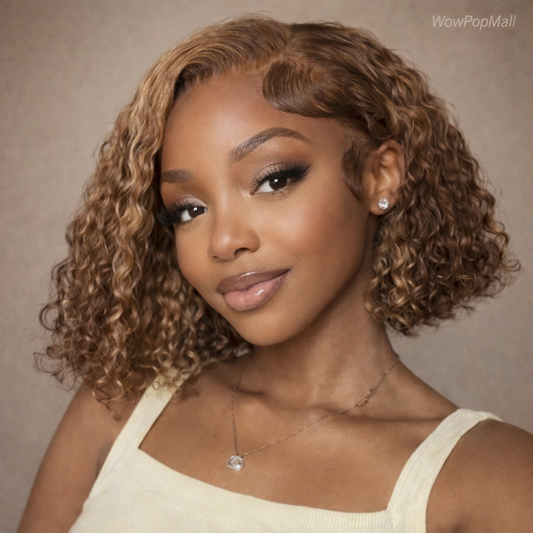 16" P4/27 Honey Brown Highlight Curly Bob Human Hair Wig (5x5 Glueless Transparent Lace)