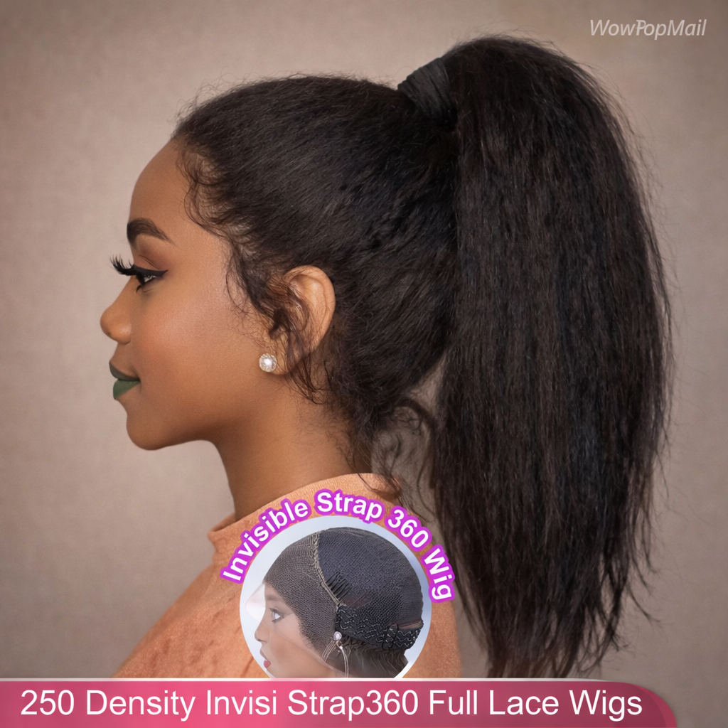 Invisible Strap 360 HD Full Lace Glueless Kinky Straight Human Hair Wig
