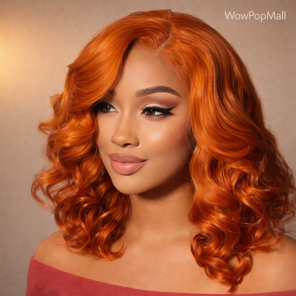 Ginger Orange Body Wave Bob Glueless 4x4 HD Lace Closure Remy Human Hair Wig (#350, Pre-Plucked)