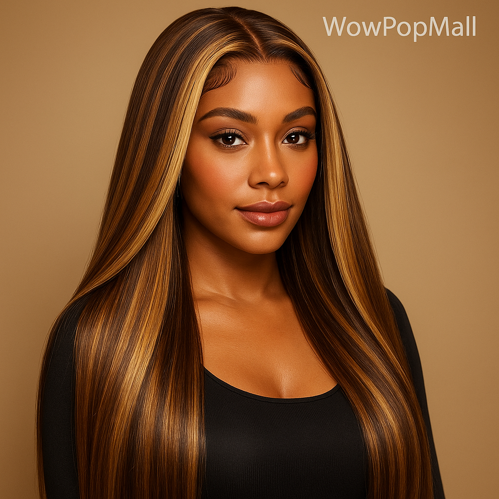 4/27 Highlight Straight HD Lace Front Wig – 38 Inch Long Human Hair, 200% Density Brazilian Wig