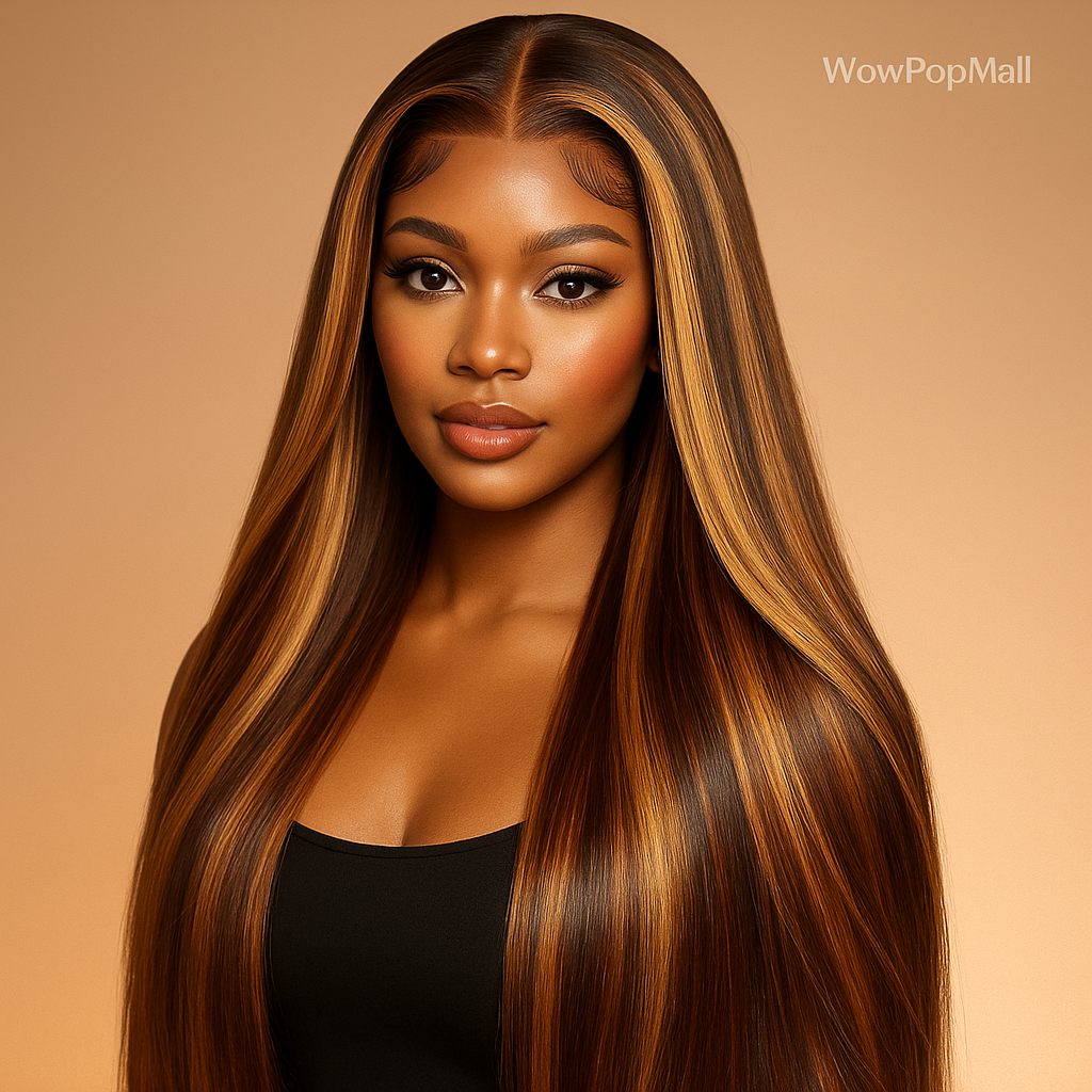 4/27 Highlight Straight HD Lace Front Wig – 38 Inch Long Human Hair, 200% Density Brazilian Wig