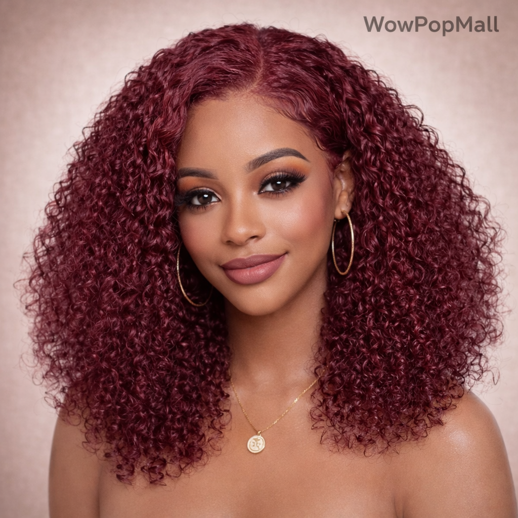 99J Burgundy Deep Curly Bob 13x4 HD Lace Frontal Wig (220% Density, Pre-Plucked, 16")