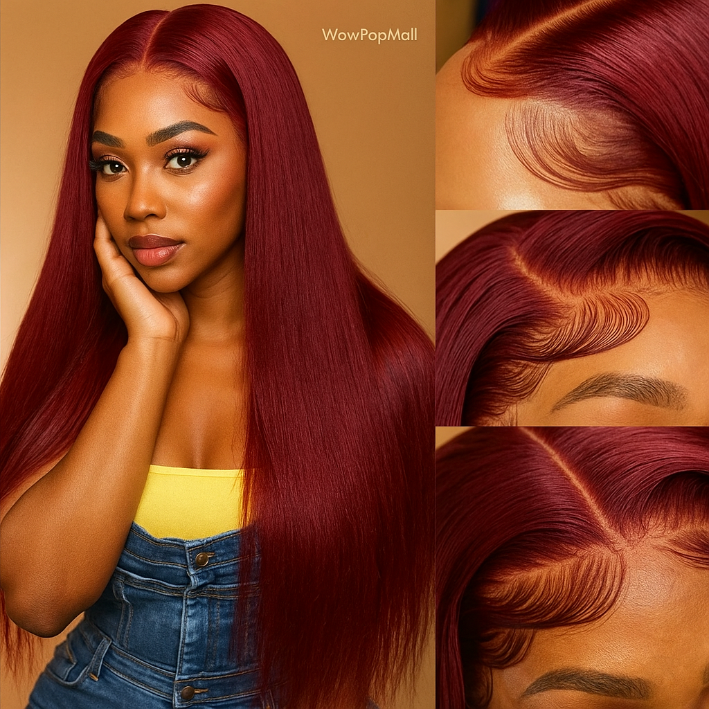 Burgundy Red Straight HD Lace Front Human Hair Wig – 100% Brazilian, 13x6/13x4/4x4 Options