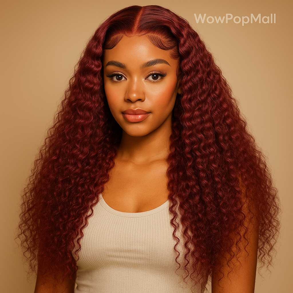 99J Burgundy Deep Wave HD Lace Front Wig – 13x6 & 13x4 Human Hair Frontal, Long Curly Red Wig