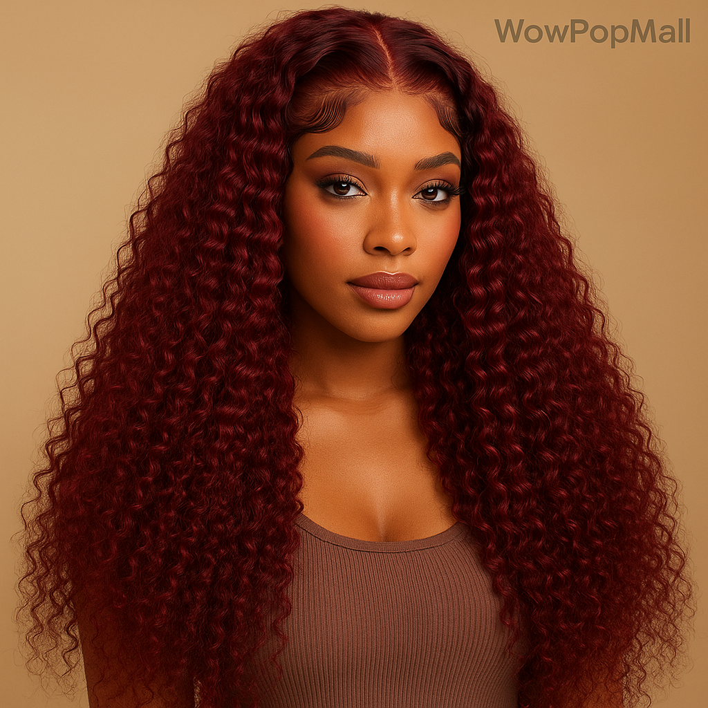 99J Burgundy Deep Wave HD Lace Front Wig – 13x6 & 13x4 Human Hair Frontal, Long Curly Red Wig