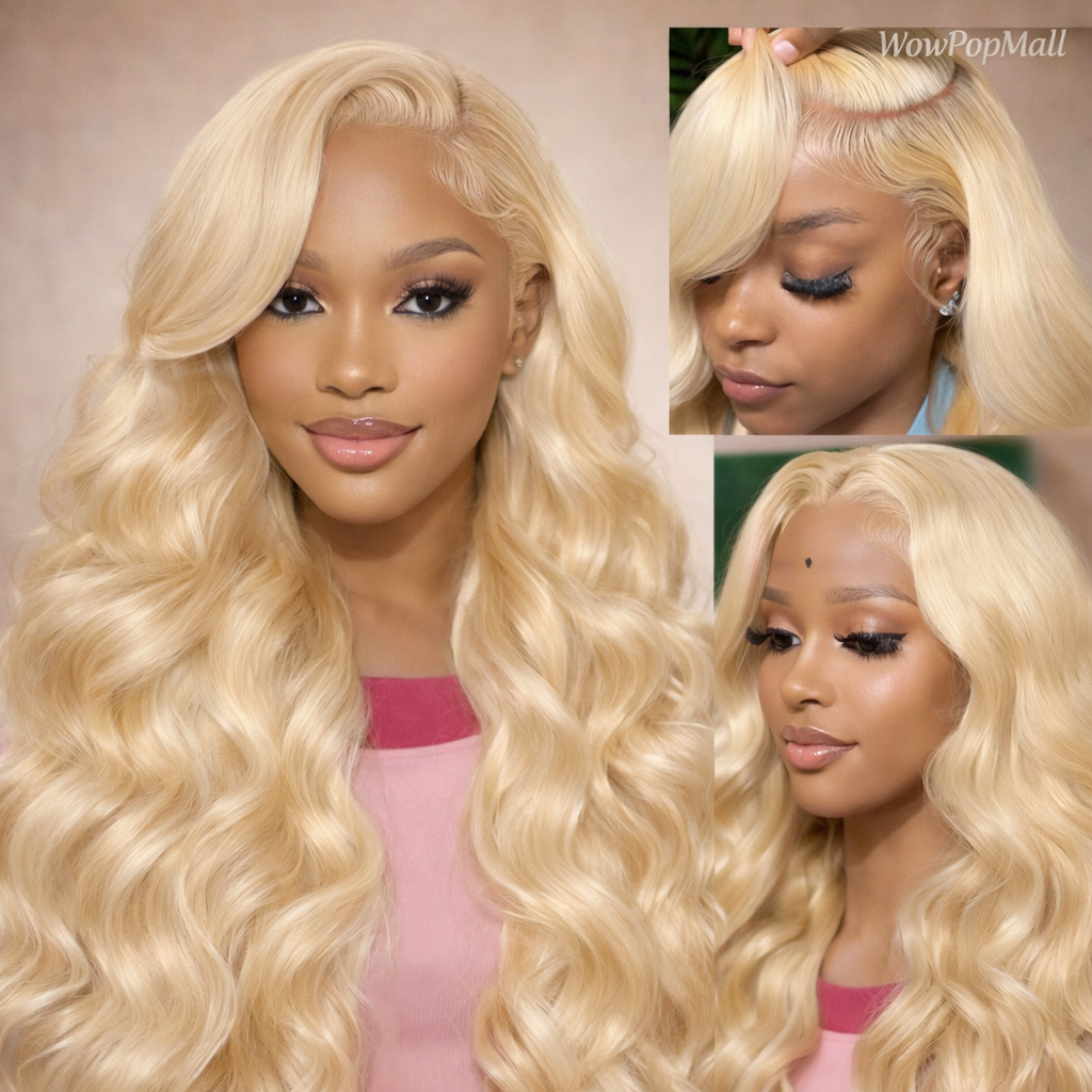 613 Gold Blonde 13x6 HD Transparent Lace Front Wig – 220 Density Body Wave, 30 Inch (Brazilian Remy Human Hair)